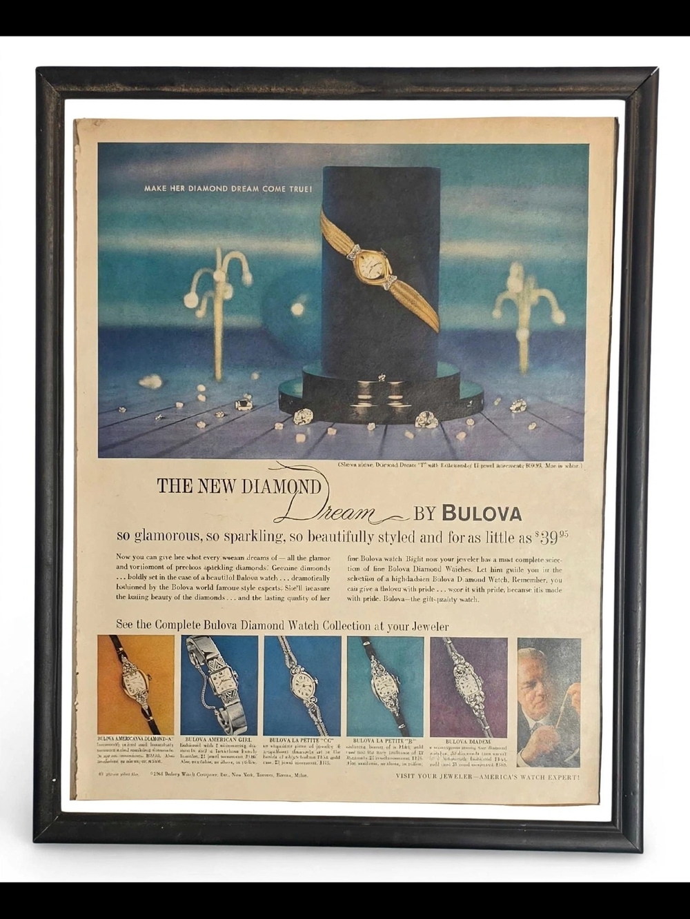 Vintage Framed Bulova Gold Watch Print with Blue & Cream Palette Ad